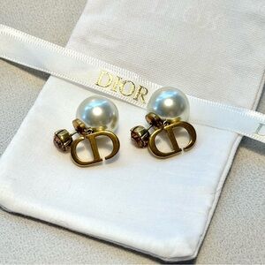 Dior Antique Gold Finish and Pearl Stud Earrings